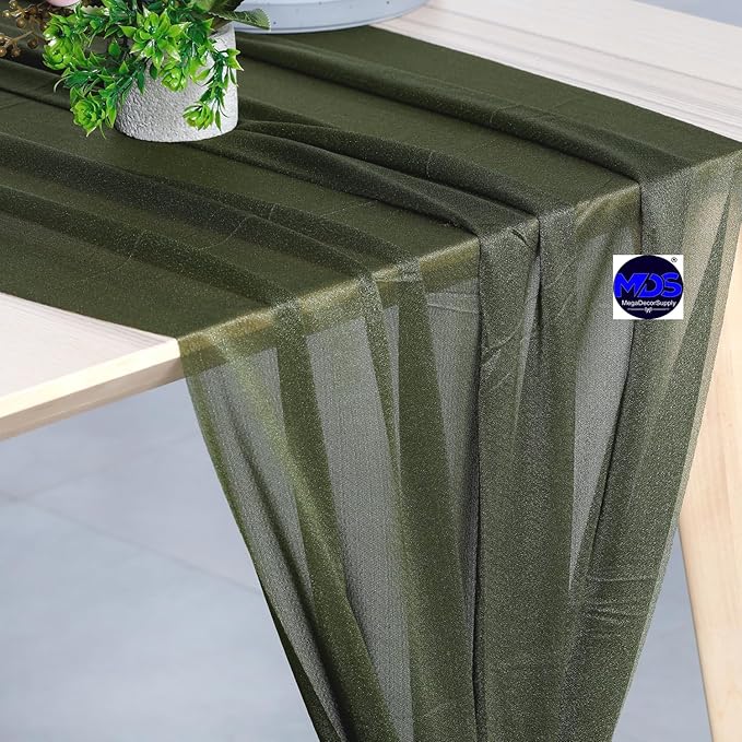 MDS 15 Pack 10ft Chiffon Table Runner 29 x 120 Inches Sheer Wedding Runner Romantic Rustic Table Runner for Wedding Decorations, Birthday Parties, Bridal Shower Party Arch Decor - Olive Green
