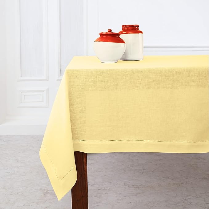 Solino Home Linen Yellow Tablecloth 60 x 132 Inch - Classic Hemstitch, 100% Pure Linen Rectangular Tablecloth - Machine Washable Table Cloth