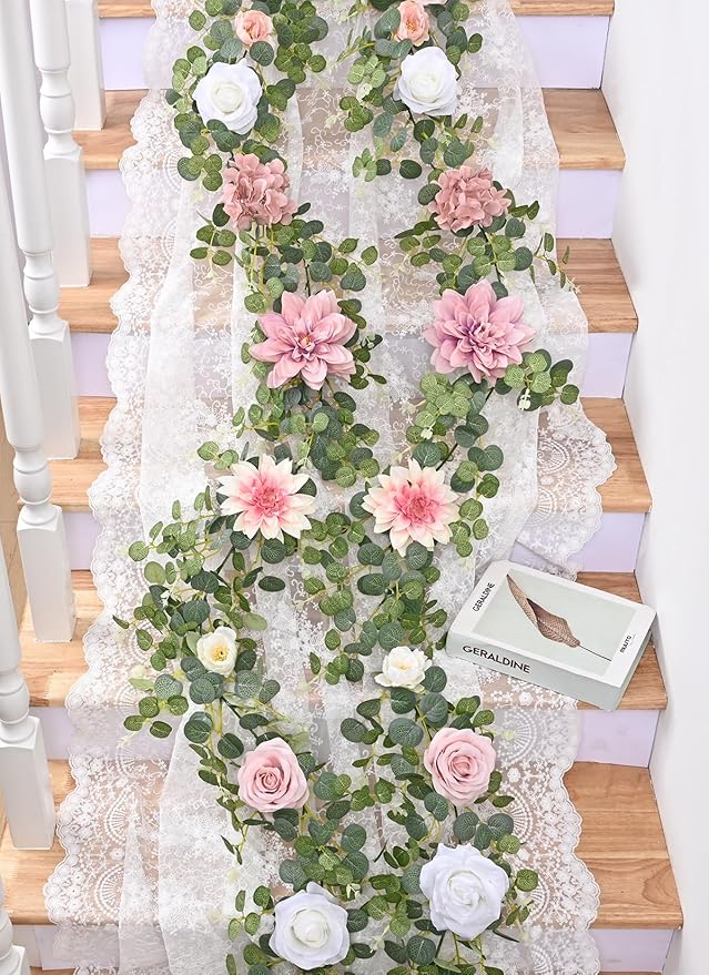 Waipfaru Artificial Flower Garland, 6.07ft Eucalyptus Garland with Flowers for Wedding Reception Table Mantle Room Decor (Rose Pink)