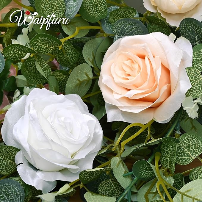 Waipfaru 6.07Ft Eucalyptus Greenery Garland with Flowers, Dusty Blue and White Rose Flower Vines for Wedding Table Runner Centerpieces Backdrop Room Decor