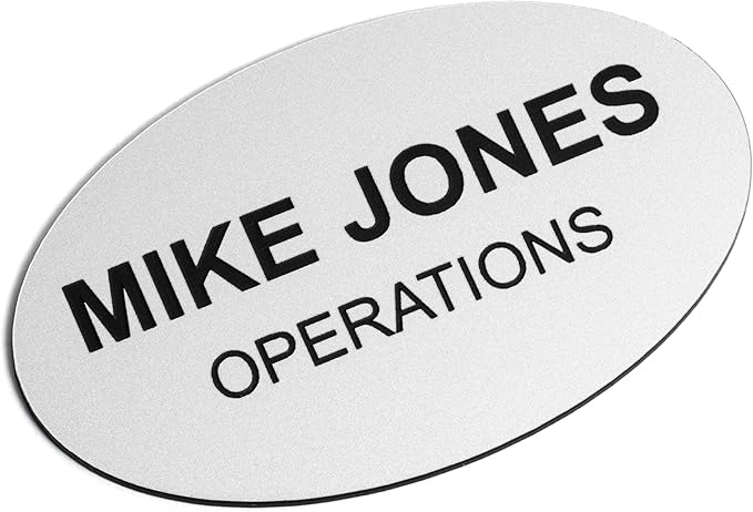 Custom Engraved Name Tag Badges – Personalized Identification with Pin or Magnetic Backing, 2.8 Inch Oval, Silver/Black