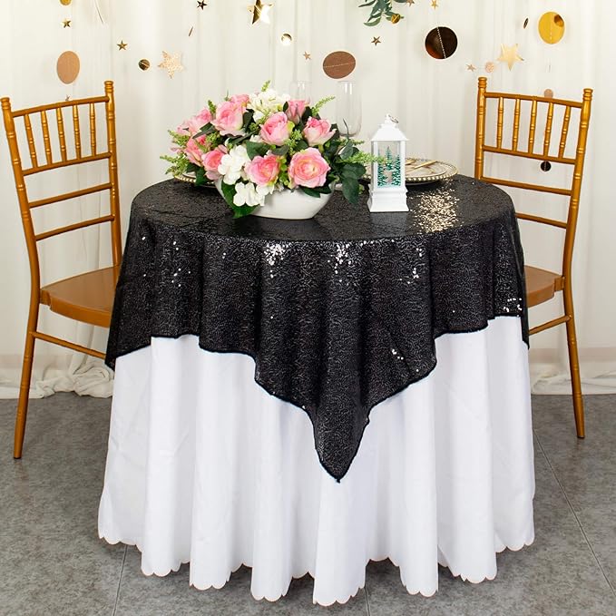 ShinyBeauty Sequin Tablecloth Square Black 54''x54'' - Glitter Table Overlay for Dinning, Party, Event Decoration - Birthday Table Cloth