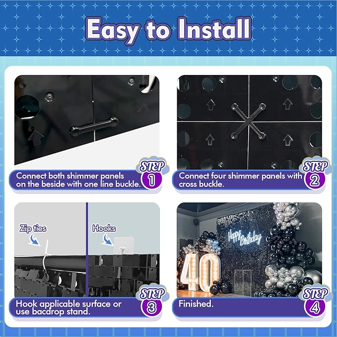 Qcity Light Gold Shimmer Wall Backdrop 48PCS, Black Back Not See-Through Design, Square Sequin Glitter Backdrop Panel, Perfect for Outdoor Events, Birthdays, Wedding and Party Decoration