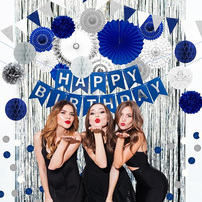 Navy Blue and Silver Happy Birthday Party Decoration 24Pcs Hanging Paper Fans Pom Poms Flowers, Garland String Polka Dot, Happy Birthday Banner for Boy Birthday Baby Shower Blue Birthday Decorations
