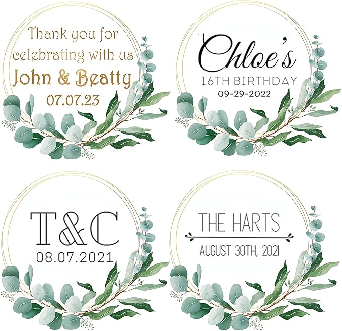 Custom Stickers for Weddings, Birthdays & Businesses - Personalized Labels with Your Logo - Waterproof, Fade and Heat Resistant - Pack of 100-1000 (Wreath B, 2 Inch)