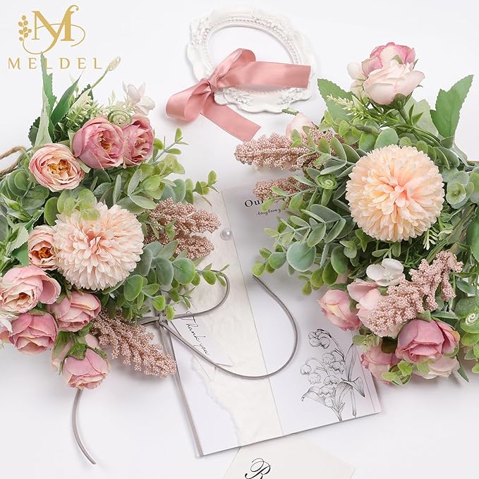 Meldel 3Pcs Rose Bouquet Pink Artificial Flowers Eucalyptus Plants Fake Silk Flower Arrangements Wedding Bouquets Decorations Plastic Floral Table Centerpieces for Home Kitchen Garden Party Decor