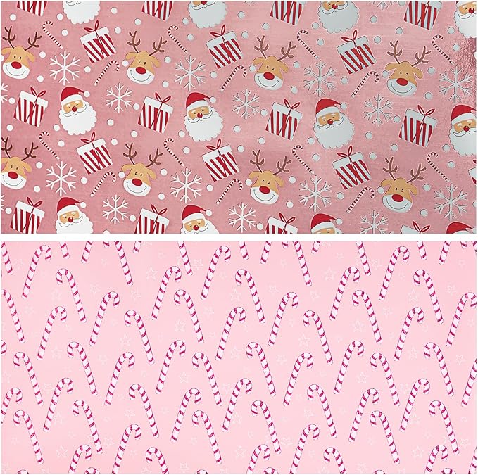 LeZakaa Christmas Pink Wrapping Paper Mini Roll, Santa Claus & Candy Cane, Metallic Foil, Rose Gold Foil Reversible Design for Festive Winter Holiday, Family Gathering, 17 inches x 32.8 Feet
