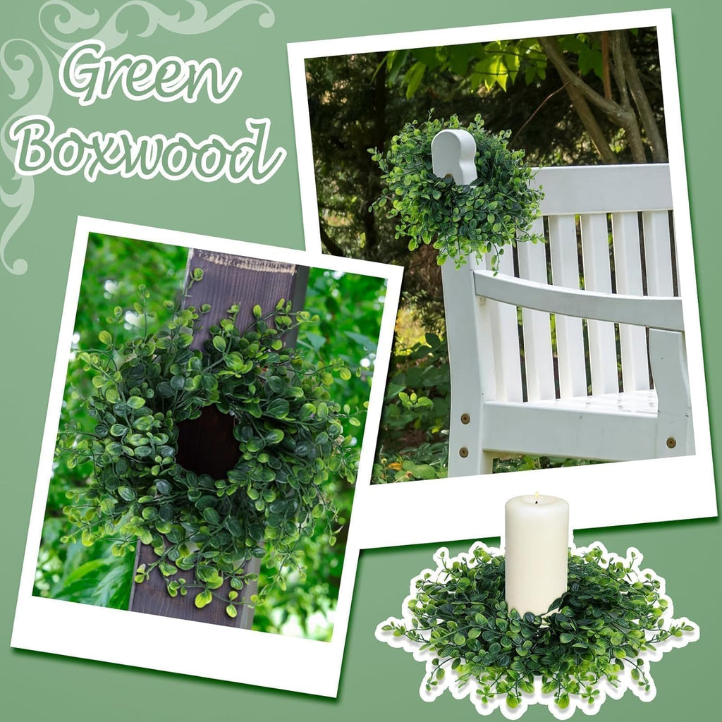 Mini Green Boxwood Candle Rings Wreaths Spring Summer Kitchen Cabinet Swags Wreath 3 Inch Wedding Rings Wreaths Pillar Candle Holder for Wedding Home Door Tabletop Decor (4, Green Boxwood)