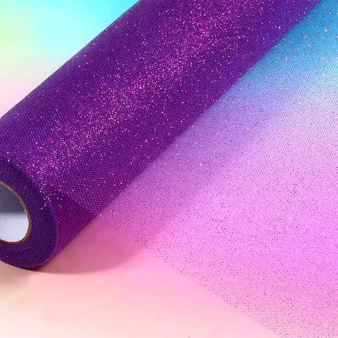 Sparkling Tulle Rolls, 15” by 30 Yards (90FT) Glitter Tulle Spool Ribbon Fabric for Wedding Birthday Bridal Shower Tutu Skirt Party Gift Wrapping(Purple)