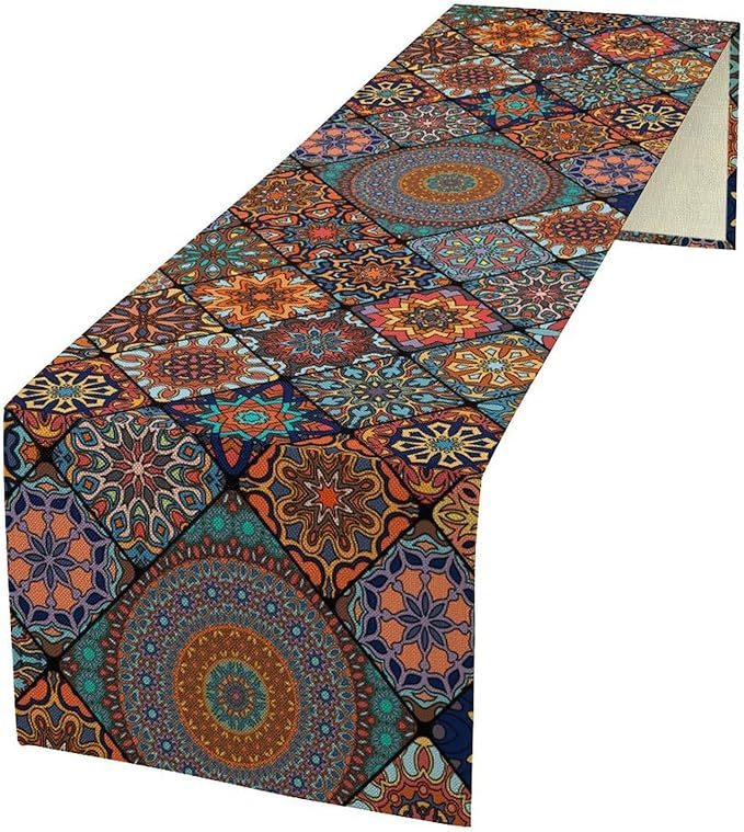Bohemian Table Runner, Colorful Vintage Indian Mandala Floral Table Runners for Kitchen Dining Coffee Table Indoor Outdoor Party Decor, 13x108inch