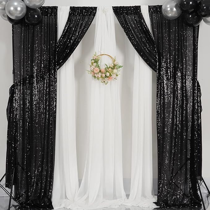 Poise3EHome 2ft x 8ft Black Sequin Photography Backdrop Curtains 2 Panels for Party Decoration, Black