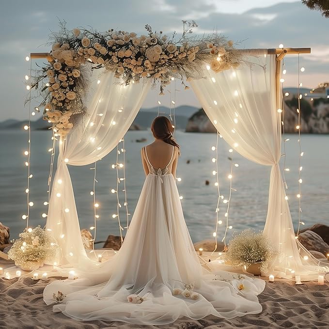 Fomcet Tulle Curtains with Lights String Ivory 20FT X 10FT Sheer Backdrop Curtains for Parties Wedding Baby Shower Photo Shoot Decorations (4 Panels 5 x 10FT)