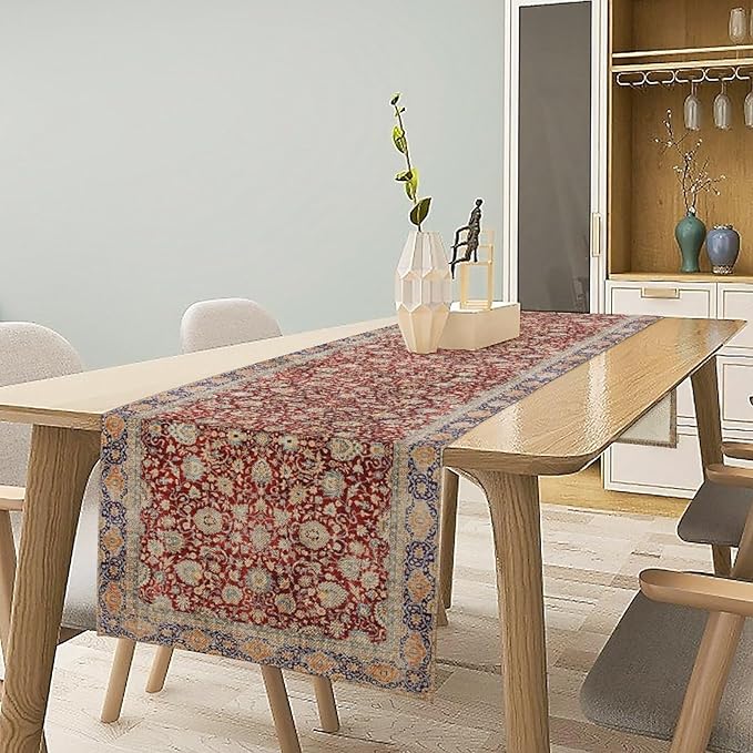 Boho Bohemia Style Table Runner, Vintage Red Blue Retro Flower Rustic Country Style Floral Print Pattern for Home Kitchen Table Decor Dining Coffee Room Garden Party Decor 13x36in