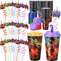 Yungyan 24 Sets Dragon Party Favors Goodie Cups with Lids and Straws for Birthday Decorations Reusable 16oz Plastic Candy Cups Plastic Straws for Birthday Party (Dragon)