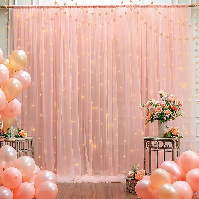 10×10ft Peach Tulle Backdrop Curtain with Lights String for Parties, Sheer Photo Curtain Backdrop Drapes for Wedding Party Photography Backgrounds