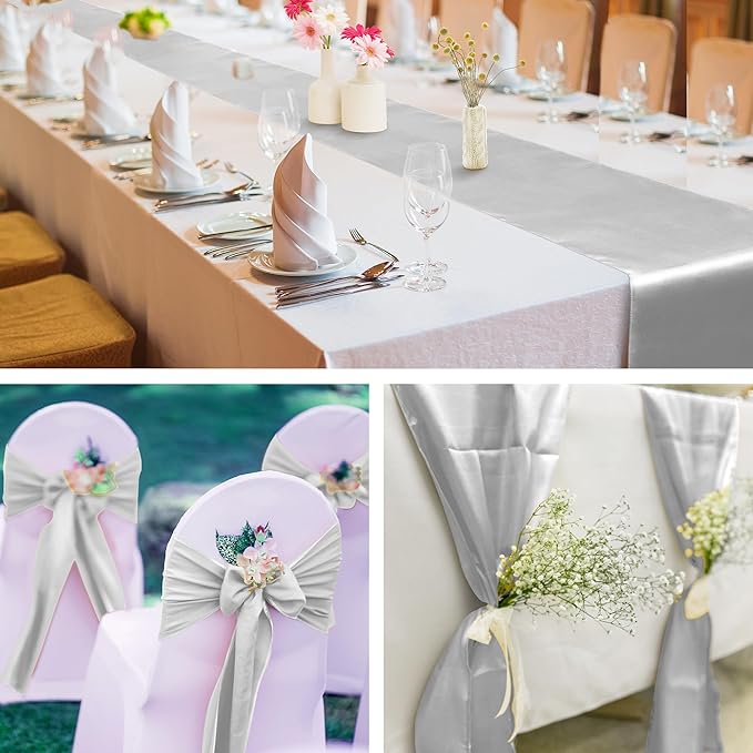 Aneco 12 Pack Satin Table Runner 12 x 108 Inch Light Silver Long Wedding Satin Silk Table Runner for Wedding Banquet Graduations Birthday Party Decoration