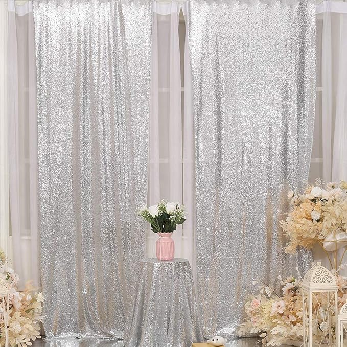 Eternal Beauty Sequin Backdrop Curtains, 2x8 Ft-2 Panels Silver Back Drop for Shimmer Photography Party Wedding Birthday Decor