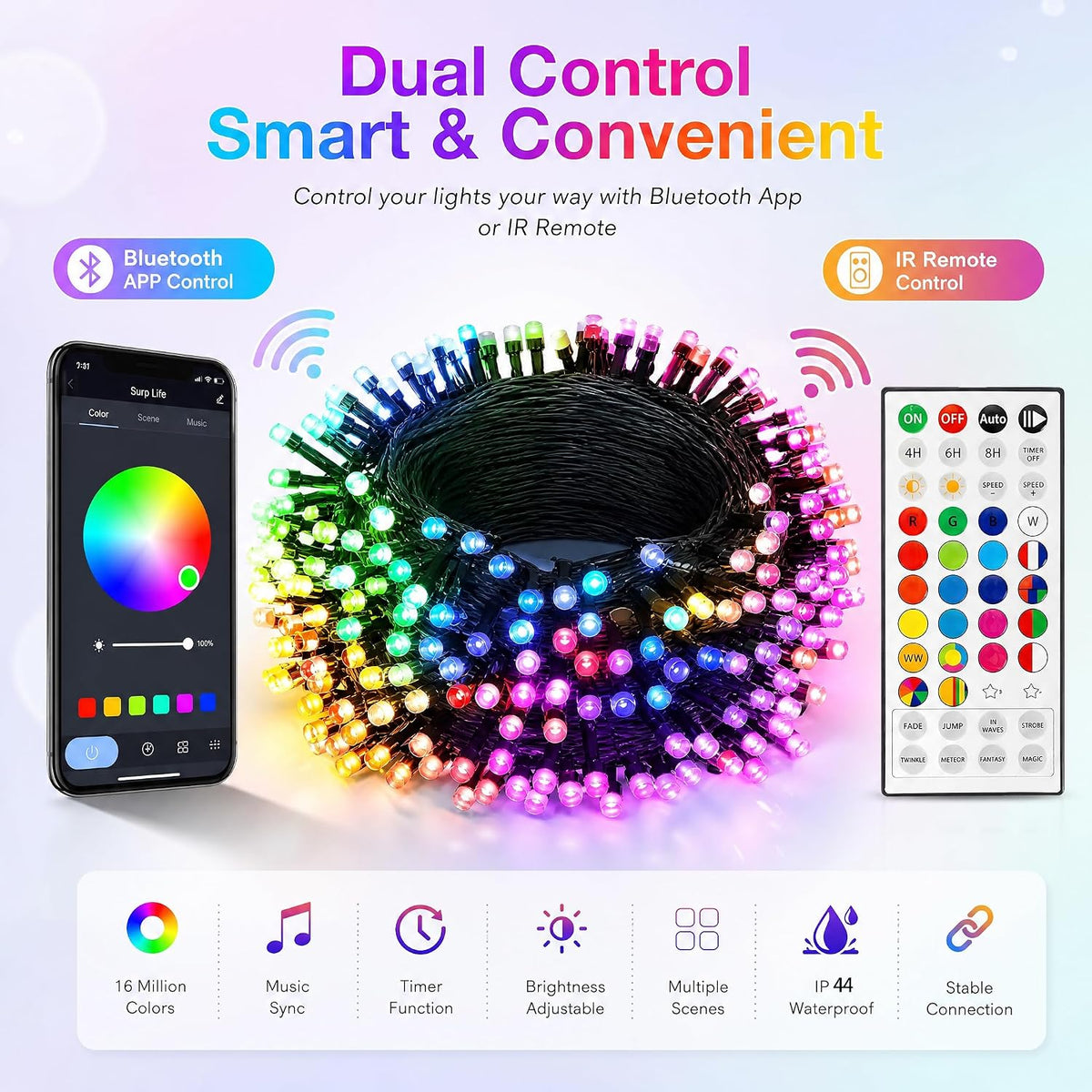 Dazzle Bright Smart Christmas String Lights, 98FT 300 LED RGB Color Changing ...