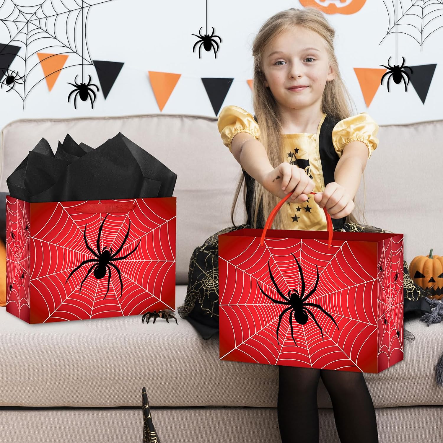Hooqict Spider Birthday Gift Bag with Handles, Wrapping Paper, Greeting Card for Boys Kids Men Goodie Treat Party Gift Box Black Red Spider Web Birthday Decorations Halloween Bag