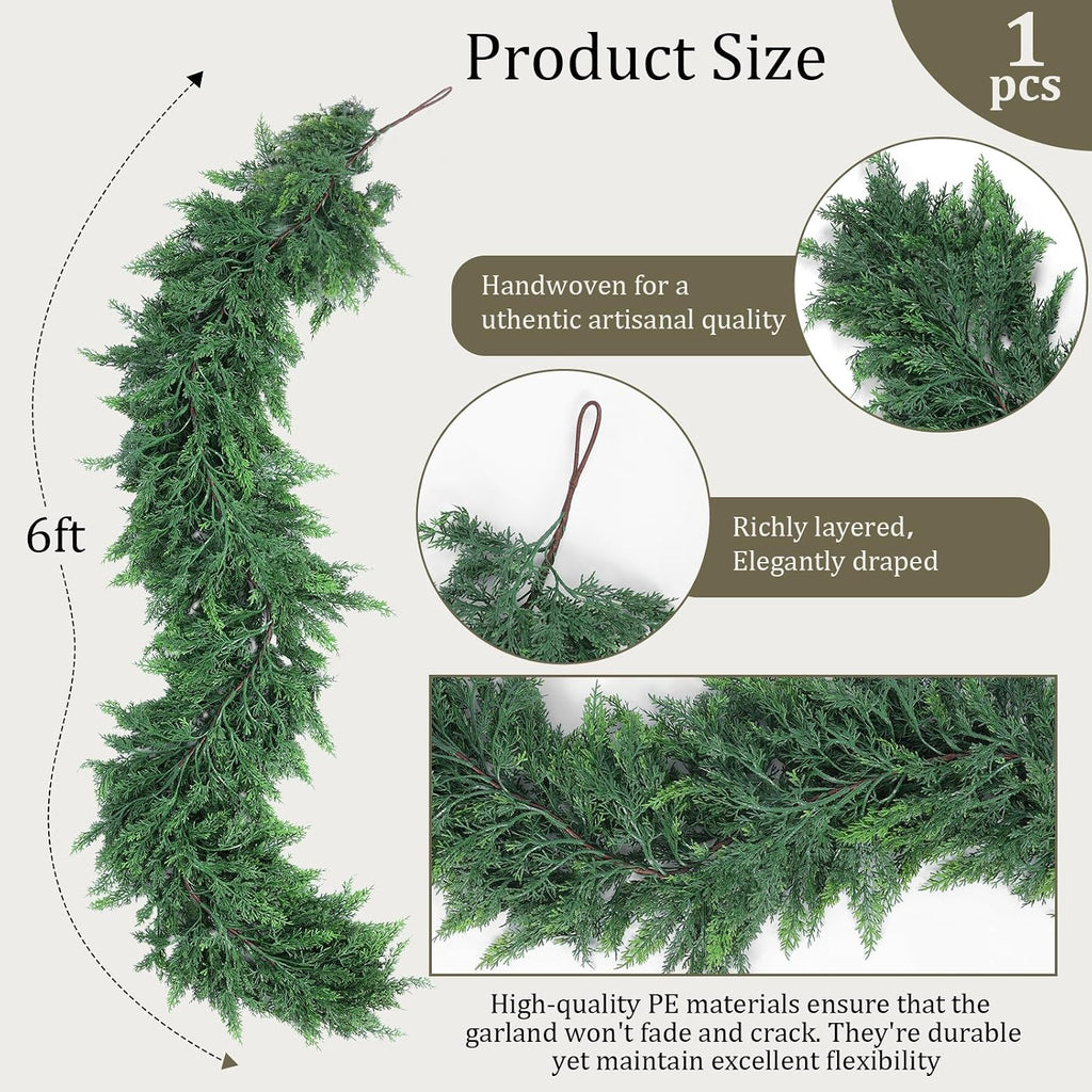 hananona 6 ft christmas garland, real touch cedar, close-up detail