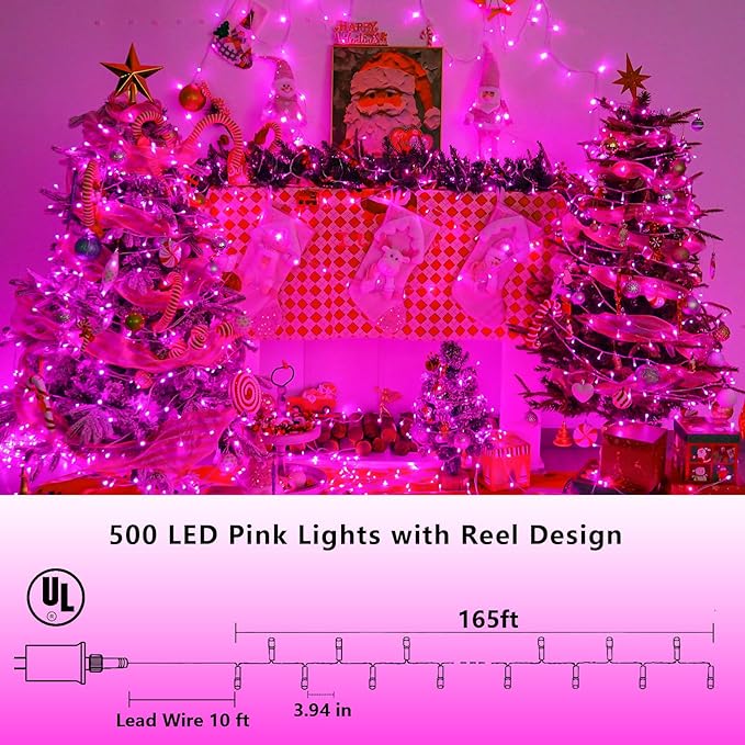 YEGUO Pink String Lights Outdoor Waterproof, 165ft 500 LED Christmas Lights Indoor, 8 Modes Clear Wire Fairy Light Plug in for Party Tree Valentines Wedding
