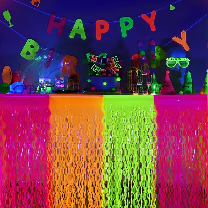 Mega-L Glow in The Dark Party Supplies, 2 Pack Neon Party Decorations Fluorescent Macaron Orange, Yellow and Fuchsia Wavy Metallic Tinsel Foil Fringe Table Skirts, Perfect Table Decors Glow Decors