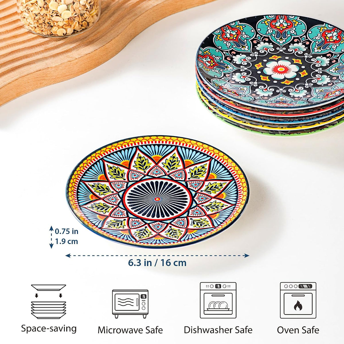 Boho Ceramic Dessert Plates Set of 6, 6 Inch Appetizer & Side Plates