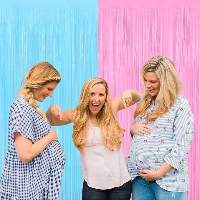 4 Pack 3.2Ft x 6.6Ft Pink Blue Fringe Curtain Backdrop, Metallic Tinsel Foil Fringe Streamers Curtains Background for Photo Booth Wedding Gender Reveal Backdrop Boy or Girl Birthday Party Decoration