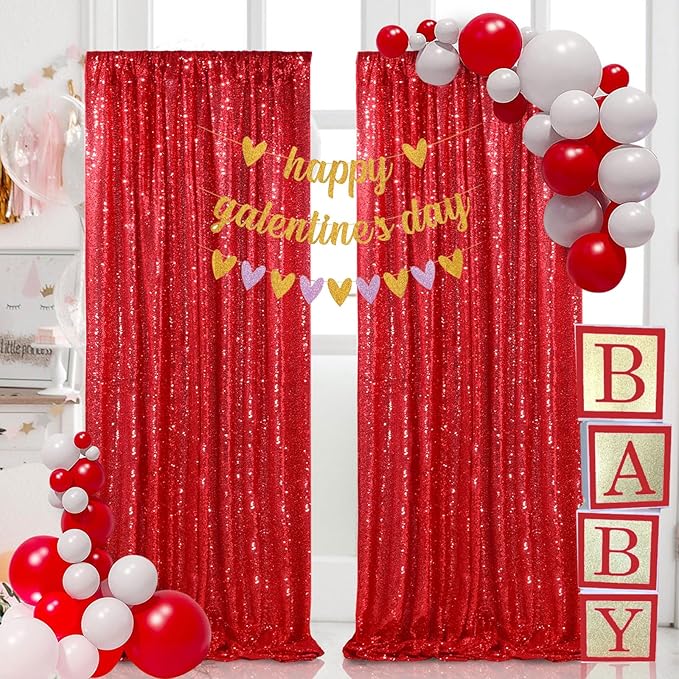 Red Sequin Curtains 2 Packs 3ftx8ft Photo Booths Backdrop for Girl Princess Birthdays Engagement Bachelorette Party Decorations