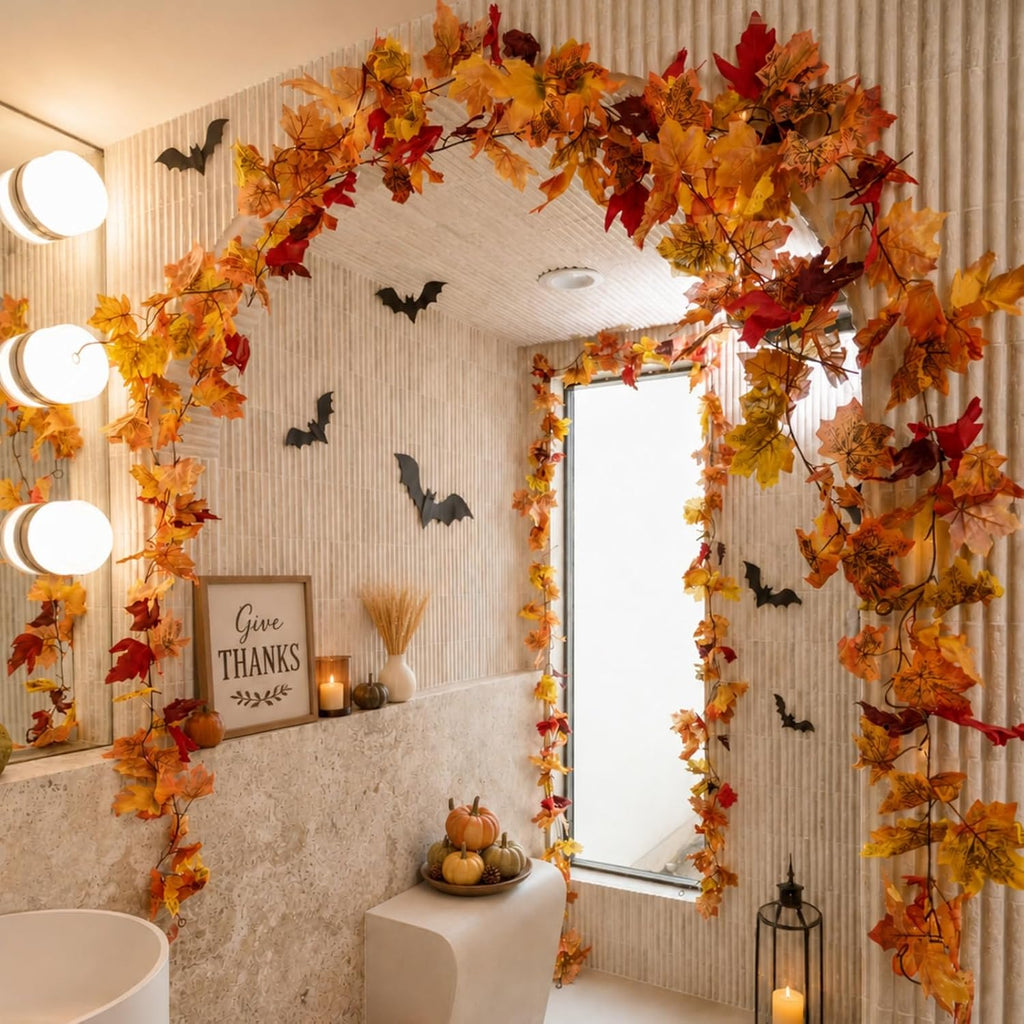 cqure 8 pack fall leaf garland, hanging fall, front angle view