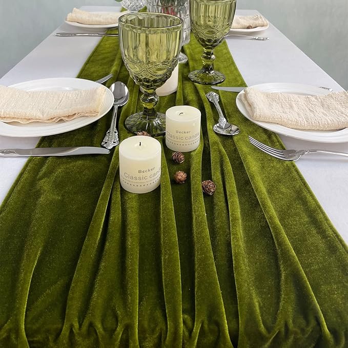 Luxurious Velvet Table Runner, 10ft Wedding Reception Decorations, 20x120inch Soft Velvet Fabric, Table Linen Overlay, Wedding Table Runners (Olive Green, 20X120inch)