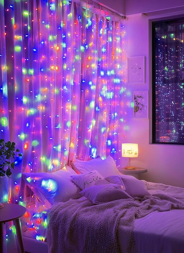 Brightown 300 LED Fairy Curtain Lights, 9.8ft x 9.8ft Multicolor Curtain String Lights, USB Plug in 8 Lighting Modes Christmas String Hanging Lights with Remote for Bedroom Indoor Outdoor Party Xmas