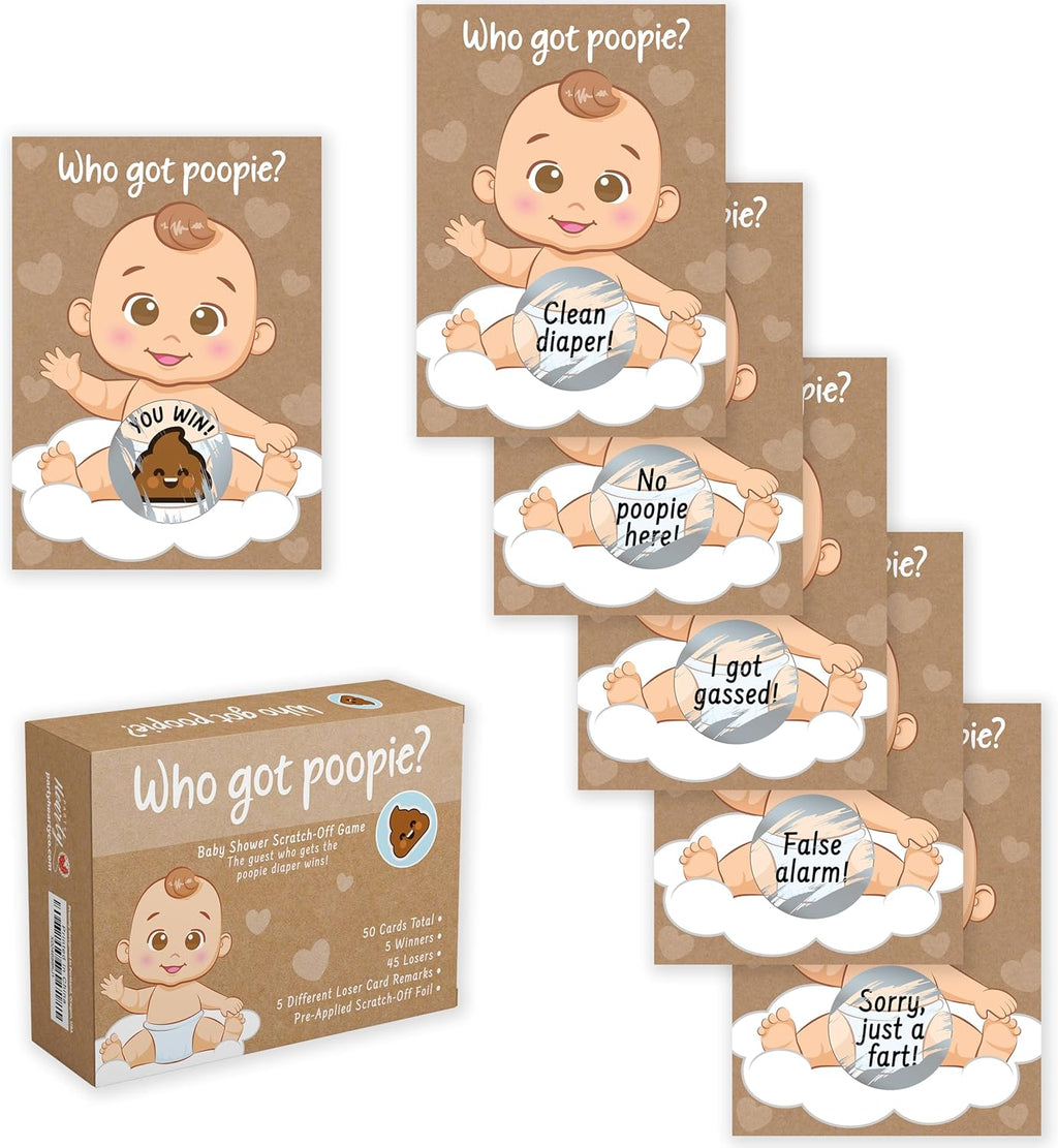 Party Hearty Baby Shower Scratch-Off Game, Poopie Emoji Cards - Kraft Boy | 50 Cards, Hilarious and Engaging, Baby Shower Activity