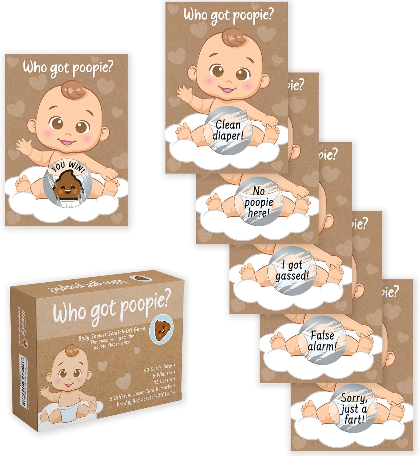Party Hearty Baby Shower Scratch-Off Game, Poopie Emoji Cards - Kraft Boy | 50 Cards, Hilarious and Engaging, Baby Shower Activity