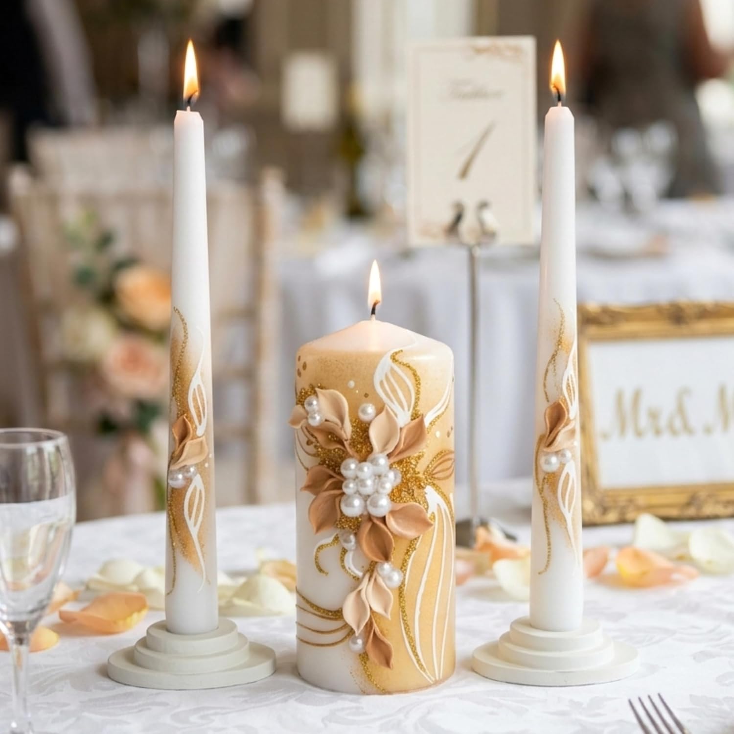 Unity Candle Set for Wedding Ceremony – 6” Pillar & Two 10” Taper Candles – Long Burning Wedding Unity Candles for Reception Marriage Ritual & Home Decor - Handmade in USA – White | Gold