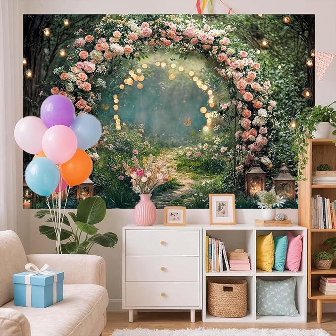 5x3ft Enchanted Forest Wedding Photography Backdrop Wonderland Roses Fairy Tale Backdrop Pink Flower Birthday Newborn Baby Shower Wedding Bridal Party Banner Photo Booth Props Anniversary Background