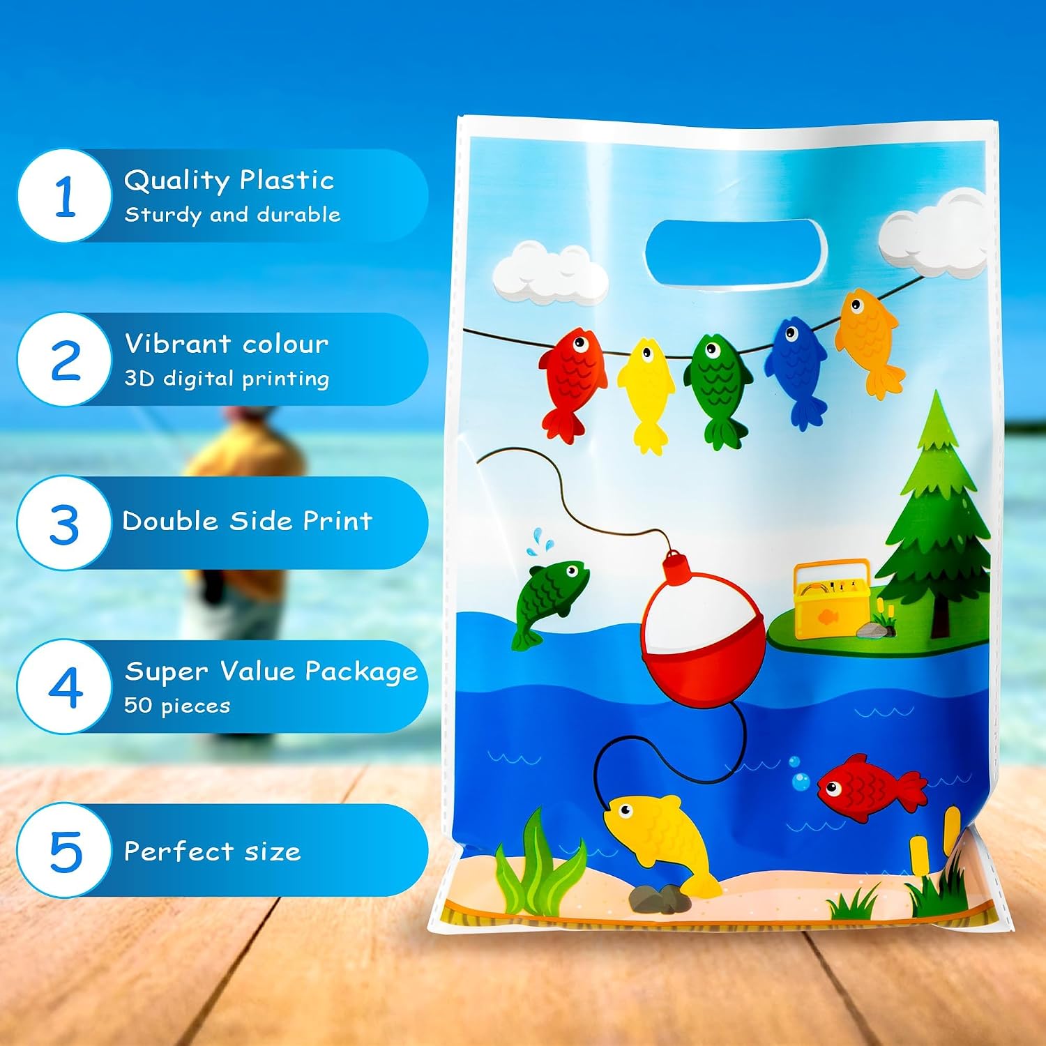 50Pcs Little Fisherman 1st Birthday Party Bags Gone Fishing Goody Candy Treat Plastic Gifts Bags Gone Fishing The Big One Birthday Party Decorations Supplies Decor for Kids