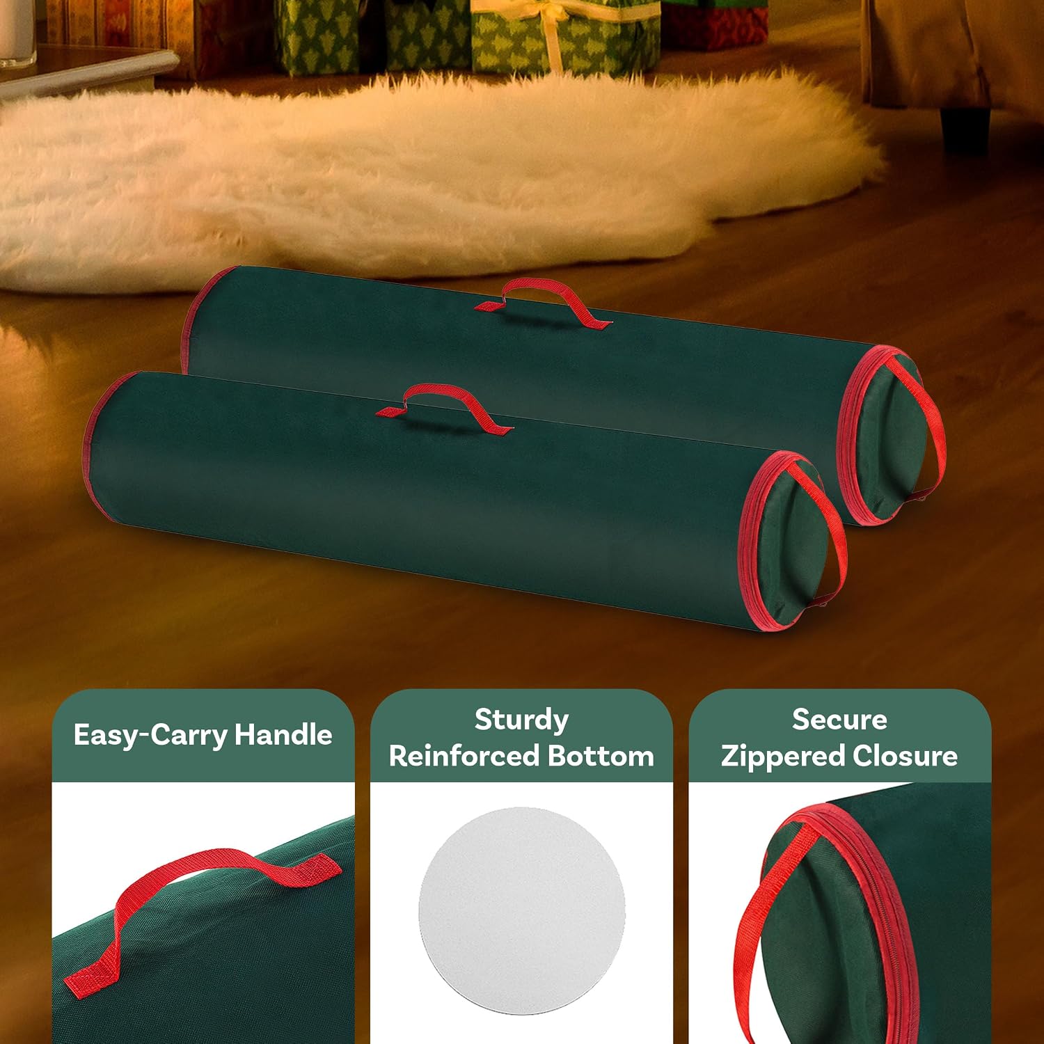 Set of 2 Wrapping Paper Storage Bags - Zippered Canvas Totes with Sturdy Nylon Handles - Fits Up to 40-Inch Rolls of Gift Wrap by Elf Stor (Green)
