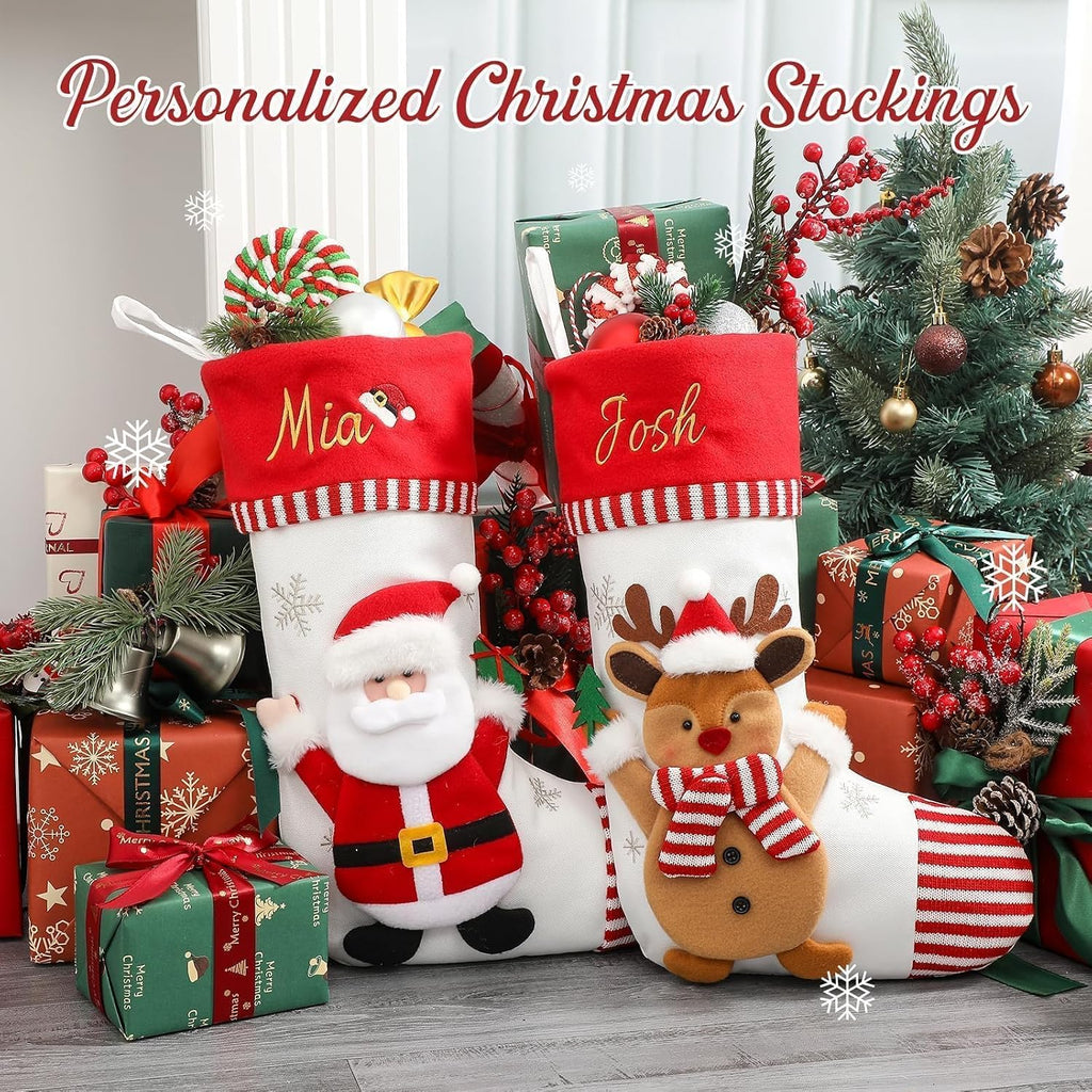 Personalized Christmas Stockings with Embroidered Name & Monogram,Custom 3D Xmas Character Stocking 1 Pack 18” Large,Santa,Snowman & Reindeer Fireplace Hanging Red Burlap Plaid Stockings(A)