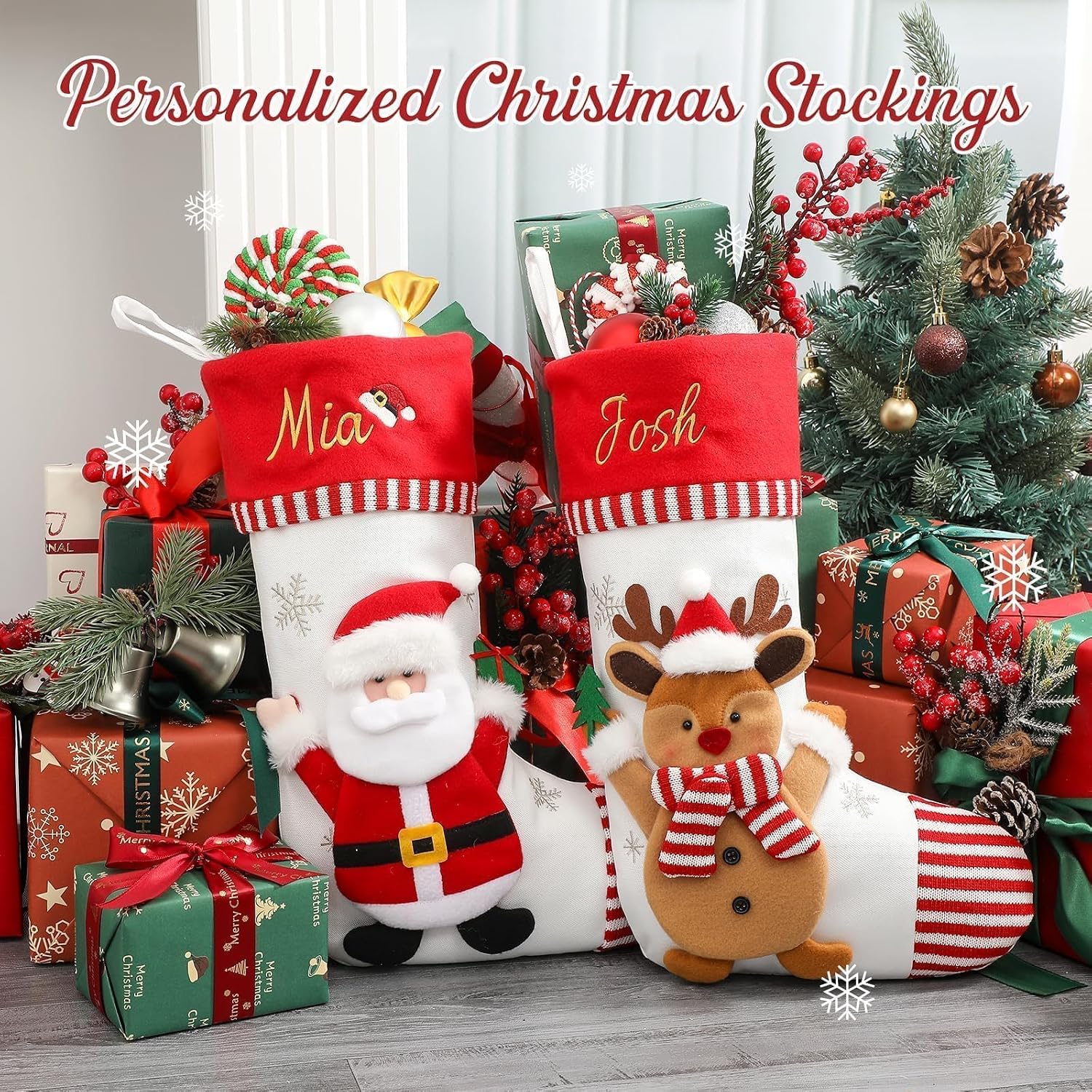 Personalized Christmas Stockings with Embroidered Name & Monogram,Custom 3D Xmas Character Stocking 1 Pack 18” Large,Santa,Snowman & Reindeer Fireplace Hanging Red Burlap Plaid Stockings(A)