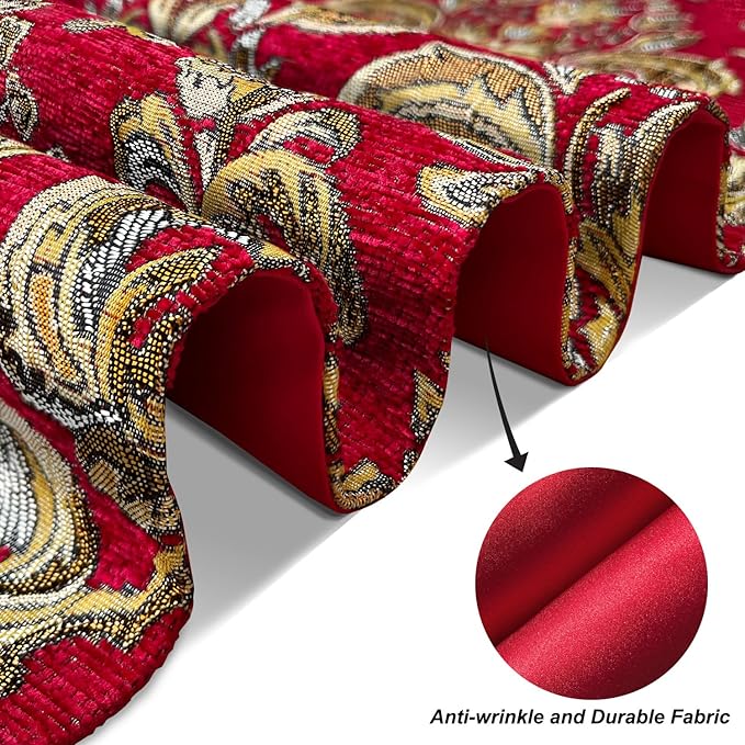 Burgundy Chenille Table Runner Embellished Jacquard with Gold Flower 13"x98" Christmas Deluxe Decor