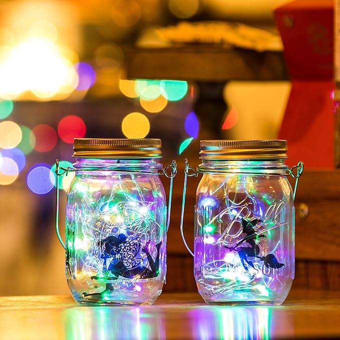 VOOKRY 6 Pack Solar Mason Jar Lights, 30 LED Mason Jar Lids Waterproof Firefly Fairy String Lights with 6 Hangers(No Jars), for Outdoor Patio Garden Yard Lawn Party Wedding Decoration - Multicolor