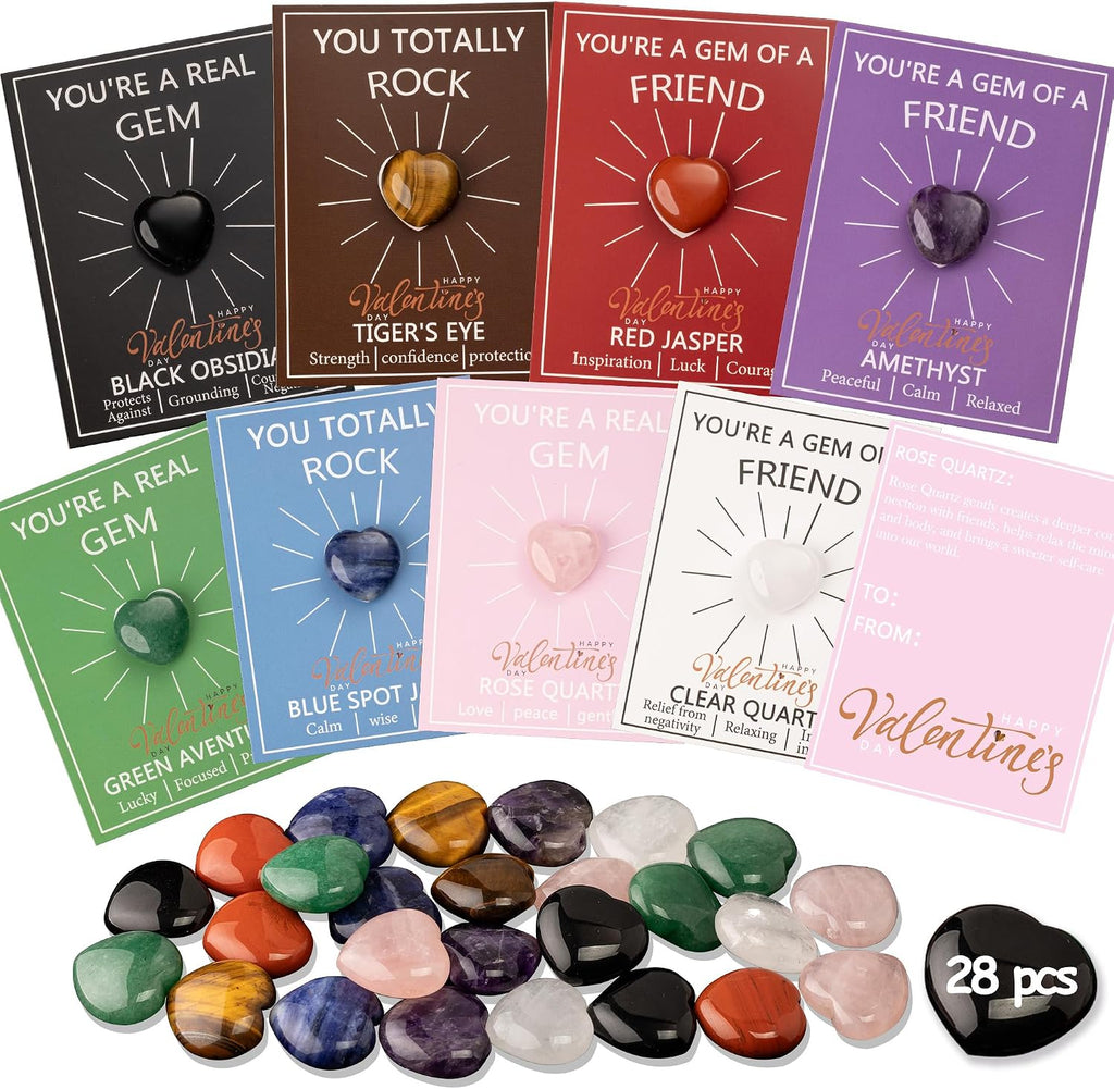 28 pcs Valentines Day Gifts for Kids-Valentines Day Cards for Kids School classroom,valentines heart Crystals with Cards,valentine exchange party favors for kids boys girls,Valentines goody bag filler