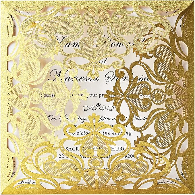 Hosmsua 6.3 x 6.3 Inch 50PCS Gold Glitter Laser Cut Wedding invitation Cards with Envelopes Hollow Lace Rose Invitation for Engagement Wedding Bridal Shower Invite (Gold Glitter)