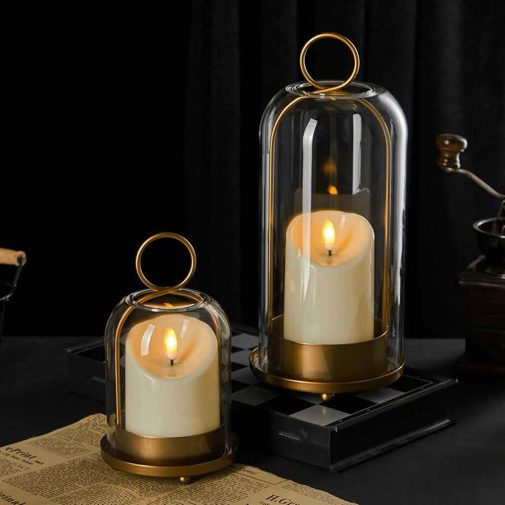 5"&4" Metal Candle Holder with Handmade Glass Dome in Brass & 2 Timer Candles, Set of 2 Versatile Hurricane Glass Candle Holders for Pillar Candles & Plants