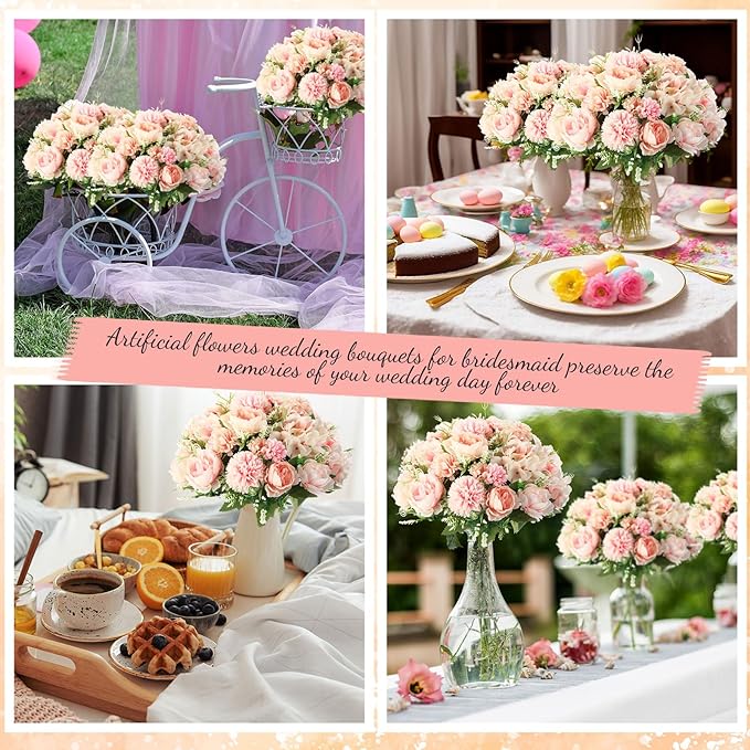 Tigeen Artificial Flowers Artificial Peonies Silk Flowers Faux Peony Fake Peony Silk Hydrangea Bouquet for Wedding Table Centerpiece Floral Vase Decor(Pink,24 Bundles)