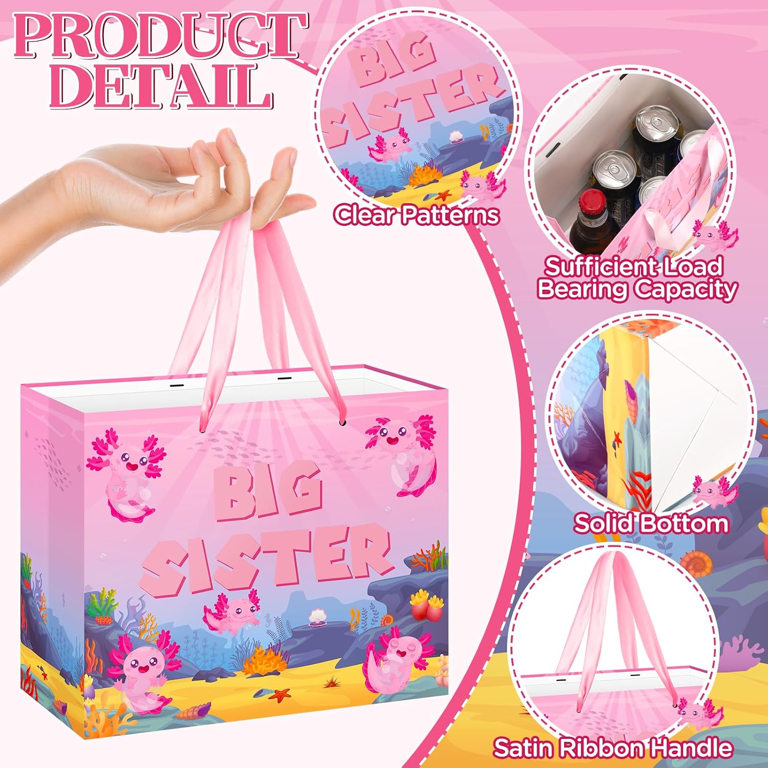 TagreSpike Big Sister Gift Bag for Girls, Axolotl Big Sister Gift Bag with Tissue Paper and Greeting Card Axolotl Wrapping Paper Bags New Sister Party Decor for Little Girl Birthday Party Supplies