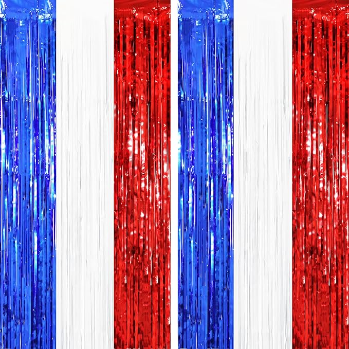 2 Pack Red White and Blue Tinsel Foil Fringe Curtains, 4th of July Decorations, Metallic Tinsel Party Streamers Backdrop for Patriotic, Memorial Day, Independence Day Party Decorations