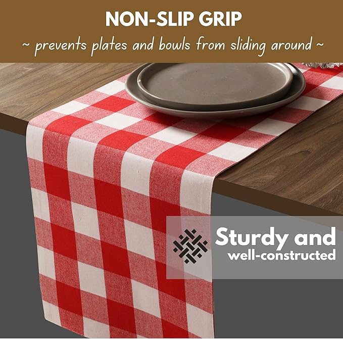 Native Fab Table Runner Buffalo Check Plaid 100% Cotton - 13x90 Inches Kitchen Dining Table Decoration for Indoor Outdoor Farmhouse Home Party Decor - Red and White