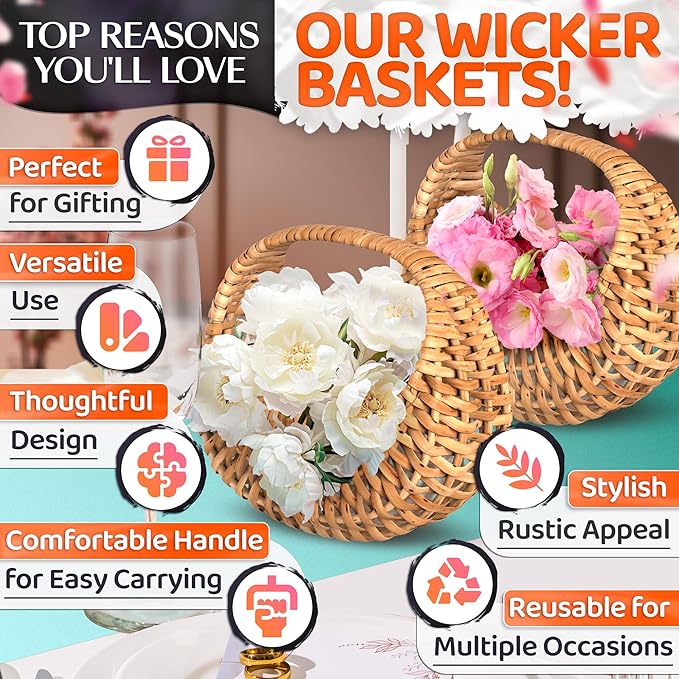 Small Flower Girl Basket Set of 2 – Small Wicker Basket with Handle & Waterproof Lining (6.3" х 5.12" х 3.75") Rustic Style for Wedding Flowers, Sweets & Gifts – Compact, Lightweight & Multifunctional